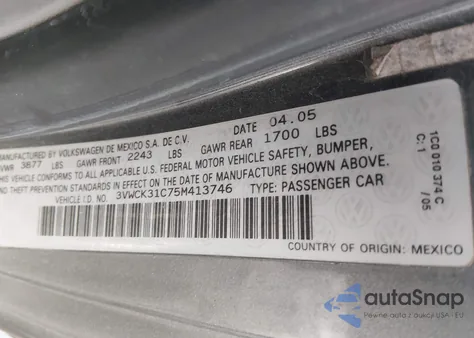 2005 Volkswagen New Beetle Gls z USA, uszkodzony, nr VIN 3VWCK31C75M413746